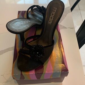 Moda black satin and velvet heels with beaded bow detailing